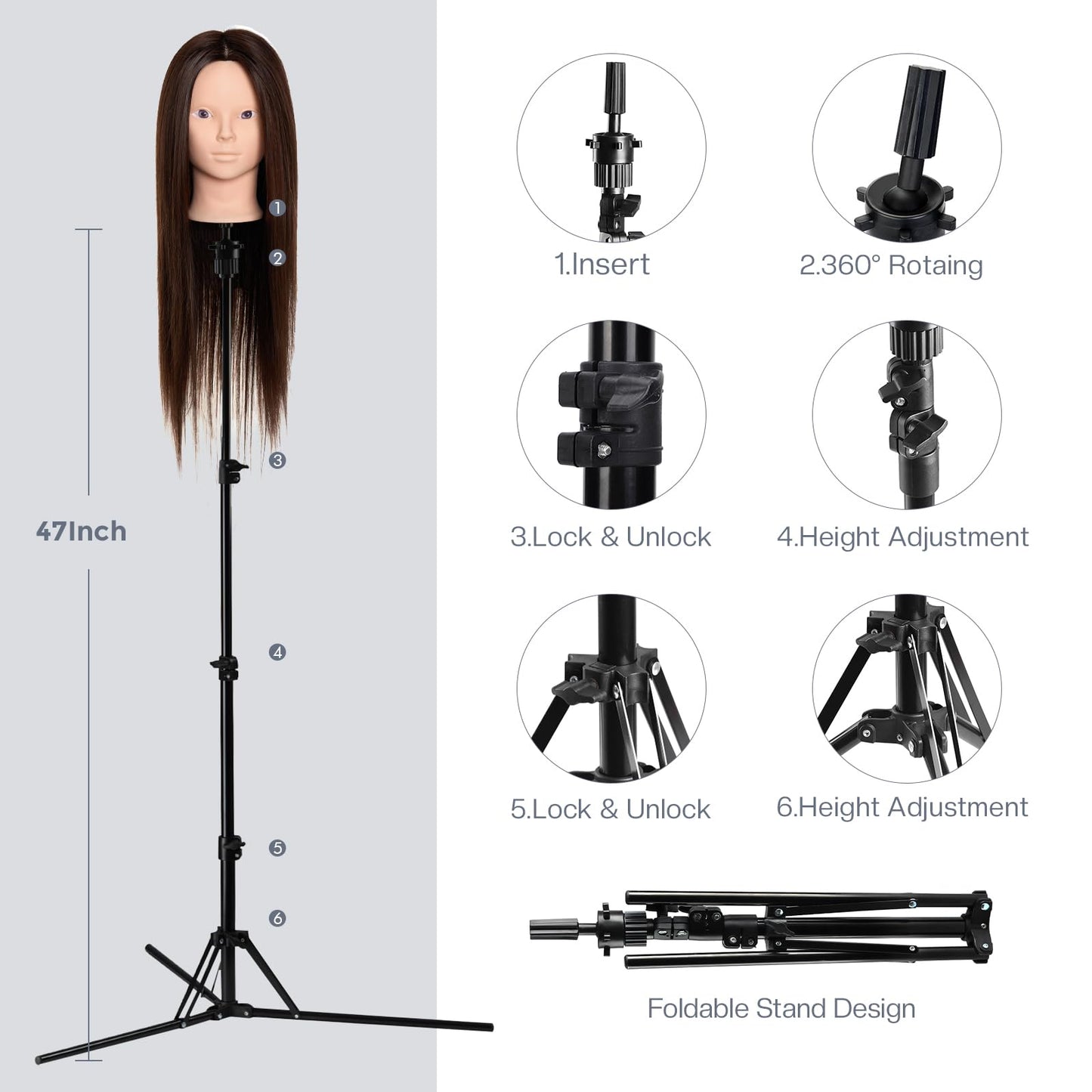 Neverland training head with stand - 71cm, 60% real hair. Perfect for practicing hairstyling and makeup. Comes with table clamp and DIY braid hair set.