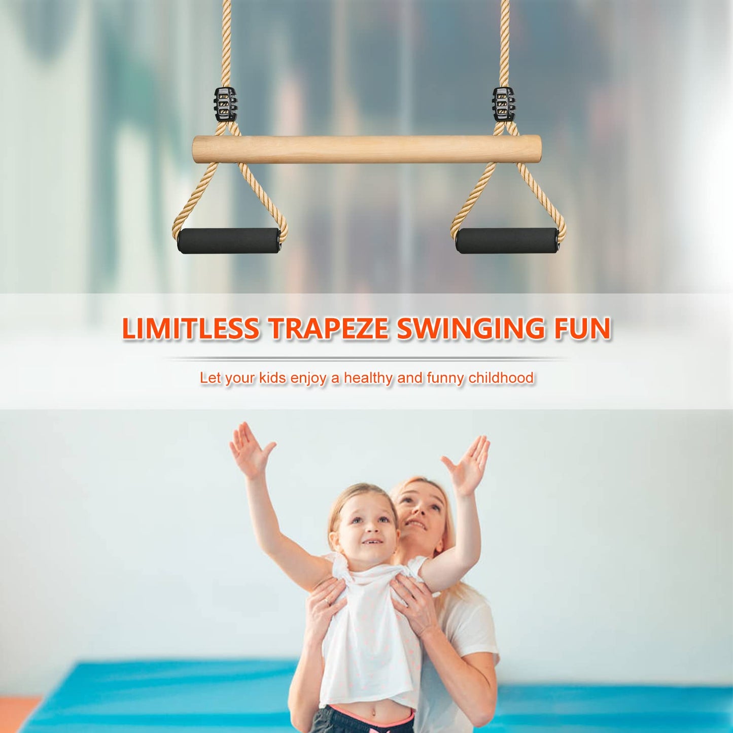 Lyndwin Trapeze Swing, Kids Wooden Multifunction Adjustable Swing with Soft Sponge Handle Indoor Outdoor Children's Trapeze Swing up to 100 kg (42cm)