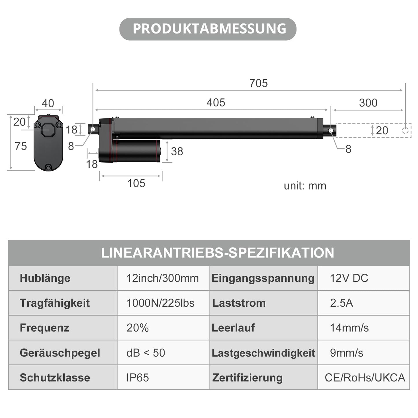 Justech Linear Actuator 300mm Linear Drive 1000N IP65 Waterproof 14mm/s Motor Linear Technology Actuators Linear Motor Adjustable Drive Gate Opener Stroke Cylinder with CE & RoHS 12V DC Electric Motor DIY