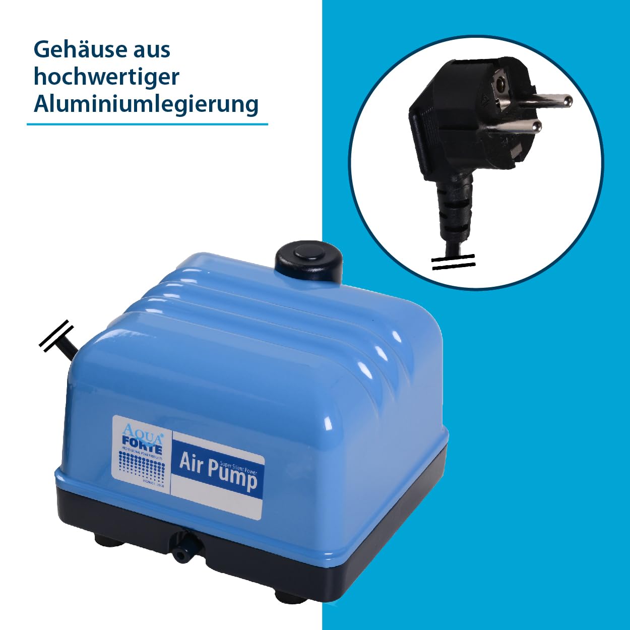 AquaForte Hi-Flow V-20 aluminum casing air pump, 15 watts, 3 liters per minute, max pond capacity 12 m3, DC powered.