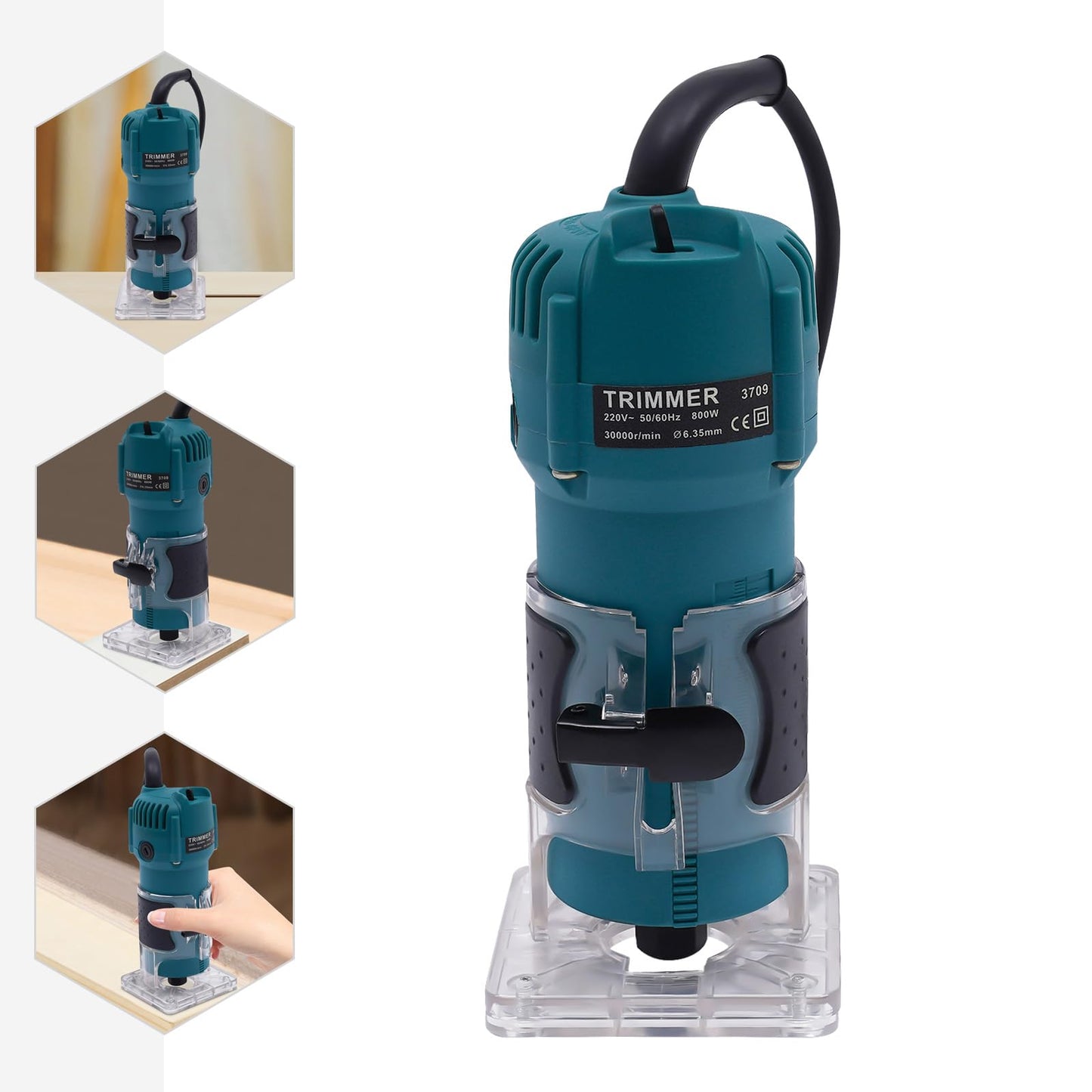 800W trim router, 6.35mm edge trimming router with 15 different router collets for grooving, trimming, carving, milling, chamfering, and cutting curves.