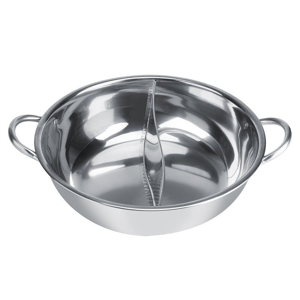 Chinese Hot Pot, Two Room Shabu-Shabu Stainless Steel Pot Deep Pot for 4-5 people, used with induction cooker/gas stove/electric oven/ceramic hob - Silver (34cm)