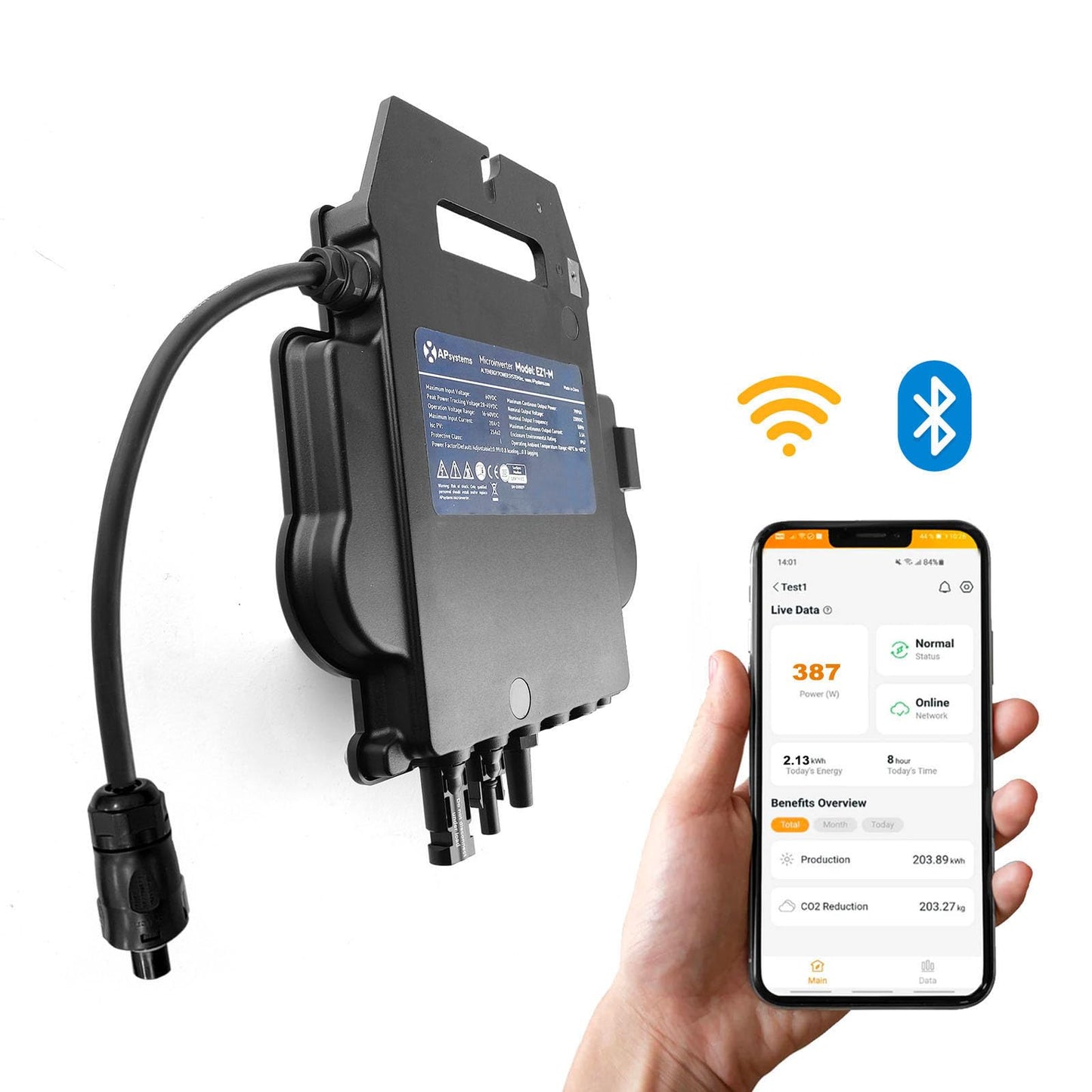 APsystems microinverters with WiFi & Bluetooth, PV VDE Certified, Plug & Play inverter ideal for balcony solar systems (EZ1-SPE 400W with connection cable)