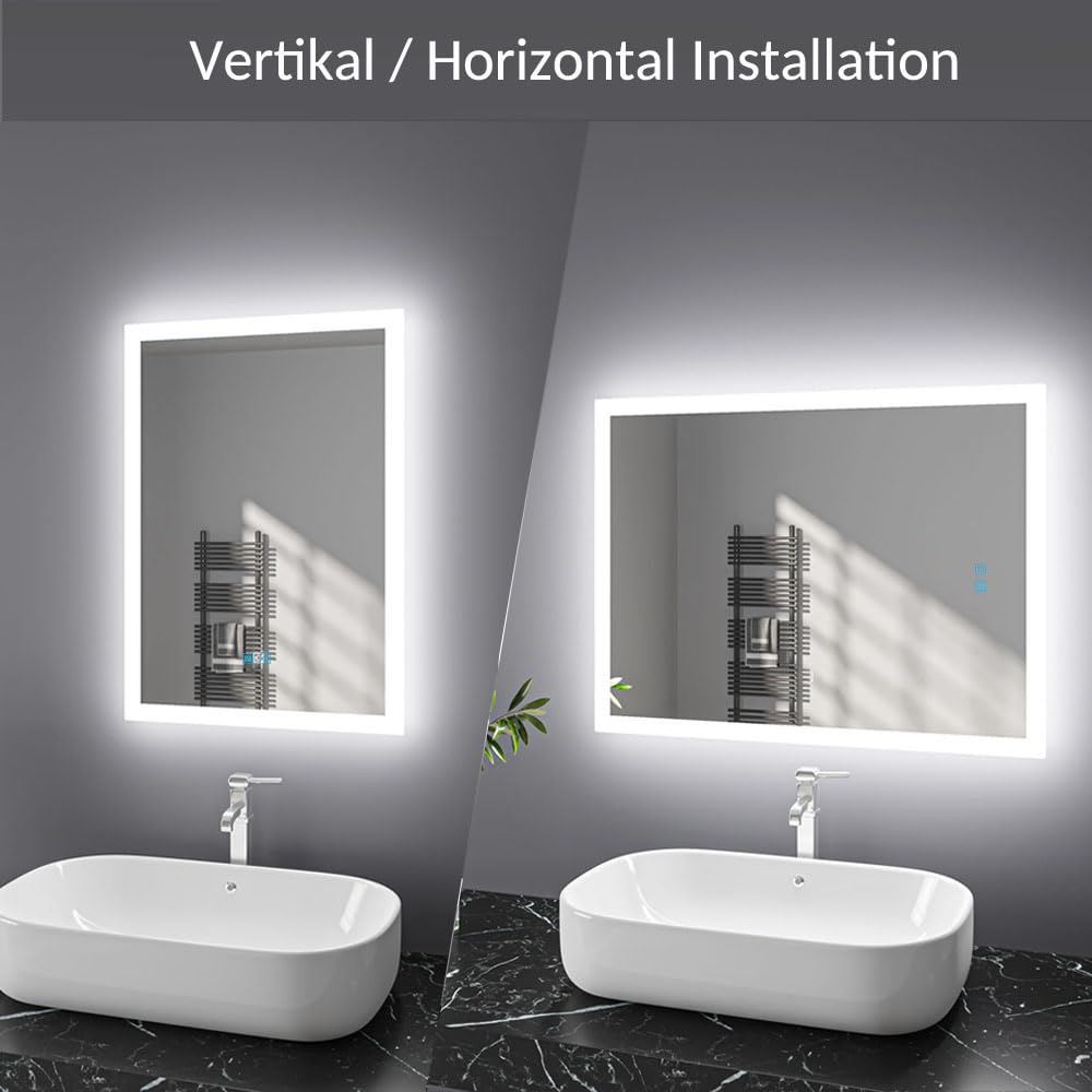 Bathroom mirror with lighting 50x70 cm LED mirror bathroom with touch switch fog-free bathroom mirror dimmable illuminated cool white warm white horizontal vertical IP44 energy-saving (20 x 28 inches)