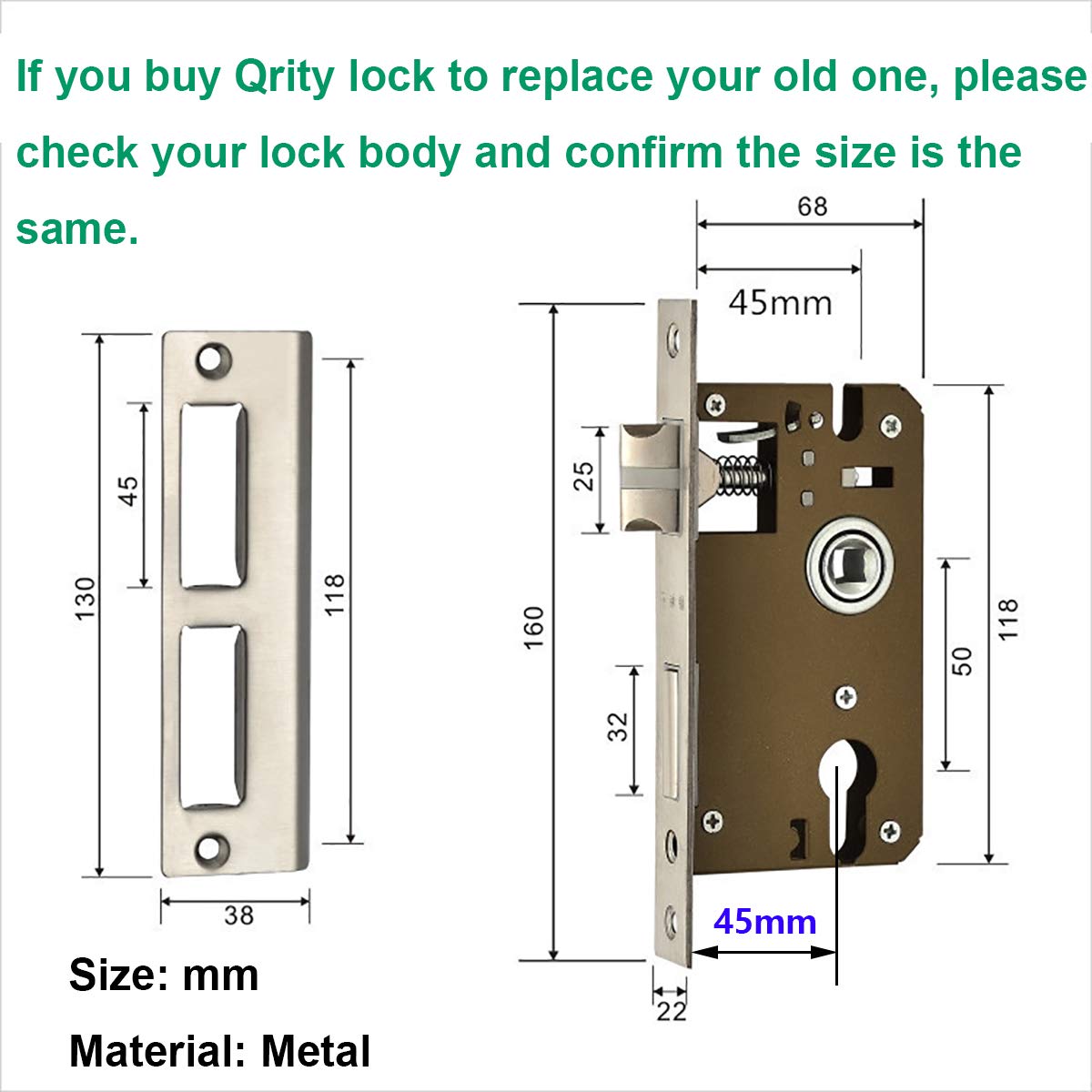 Qrity renovation set for bathroom doors, WC handle set, door handles, profile cylinder with knob, door latch, 3 copper keys, zinc alloy.