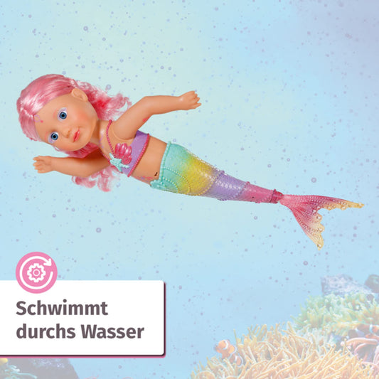 BABY born Little Sister Mermaid 46 cm, waterproof mermaid doll with long hair and movable glitter tail, includes tiara & comb, 833681 Zapf Creation
