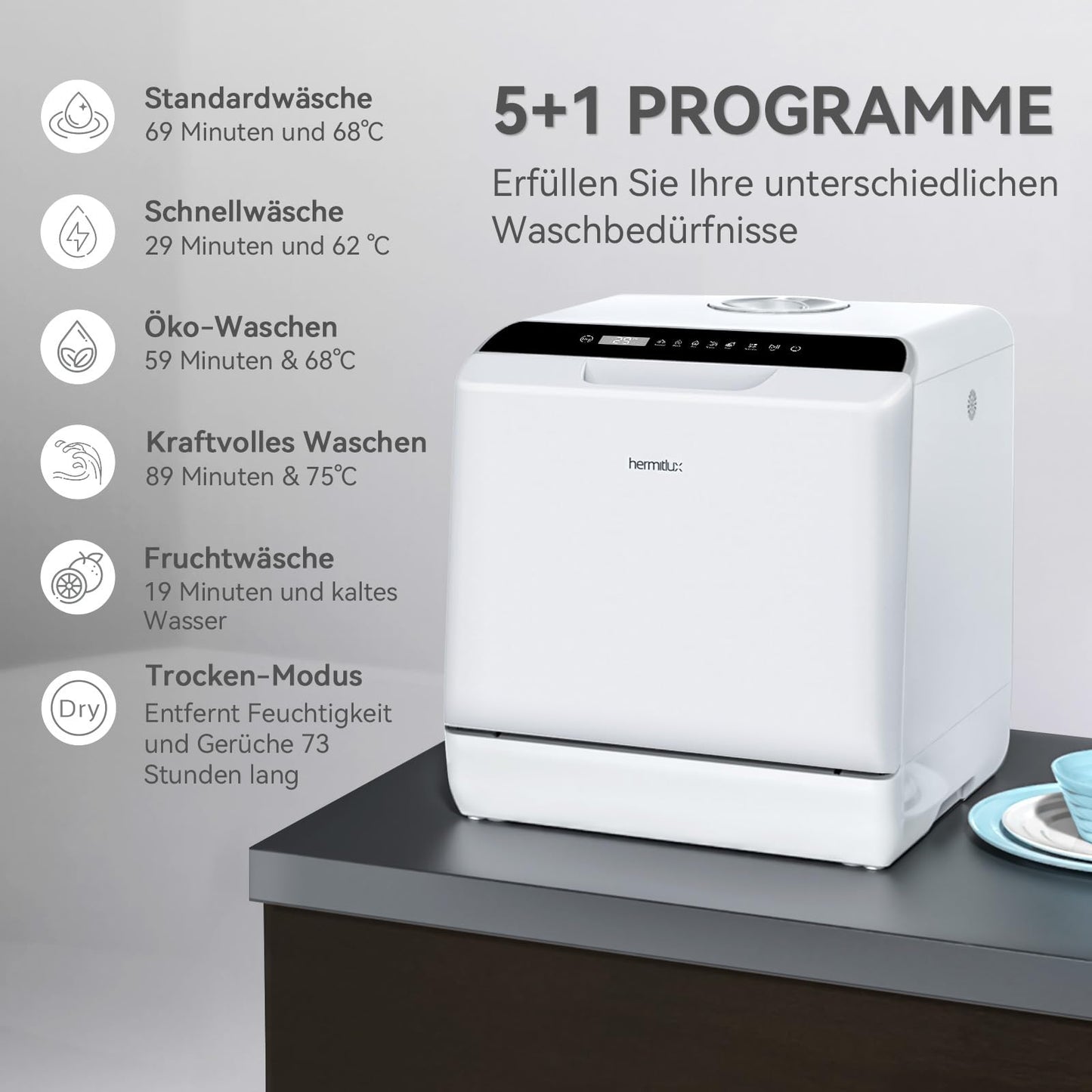 Hermitlux table dishwasher, mini dishwasher can be used with or without water connection, 43 cm wide, space for 4 place settings, suitable for camping, 175 kWh/year, white