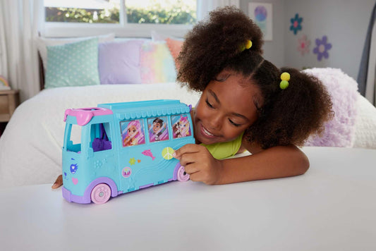 Polly Pocket micro dolls and convertible camper, with accessories like pets and toy car, on-the-go pet adventure playset, JCC22.