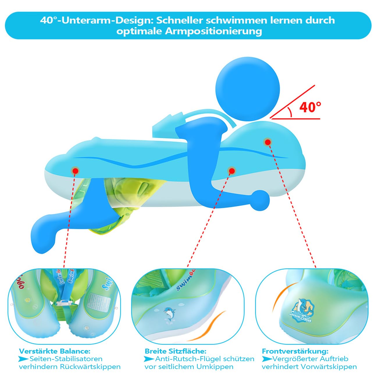 Baby swim ring with detachable sunshade & safety belt - non-toxic swim aid for 3-48 months old - Includes air pump & anti-slip seat (Blue, L)