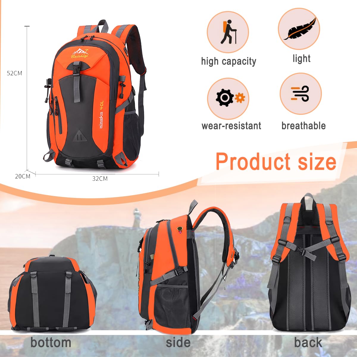 Nircho Backpack Men Women 40L Waterproof Backpack Lightweight Large Travel Backpack, Outdoor Backpack with Reflective Stripes for Hiking, Cycling, Climbing, Mountaineering, and Traveling Sports (Orange)
