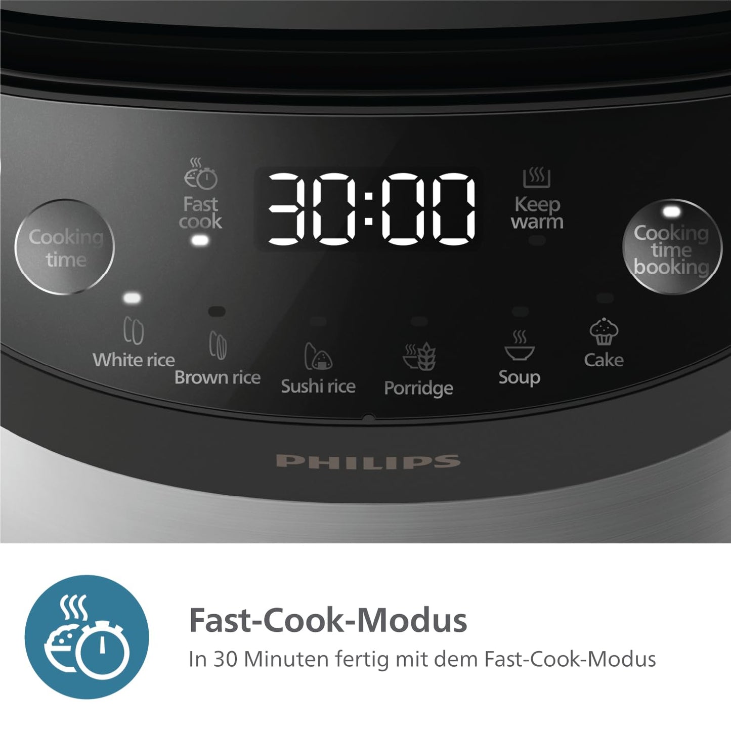 Philips Multi-Cooker 3000 Series - 0.85L, 8 cooking functions, 4-layer non-stick pot, 30-minute quick cook mode, Fuzzy Logic, Black-Silver design (HD3093/80)