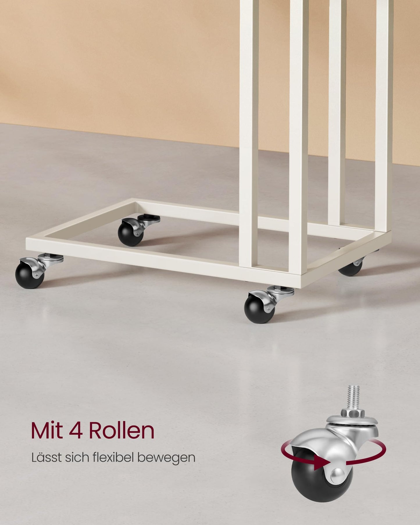 VASAGLE Side Table, C-Shaped Sofa Table with Wheels, Mobile Coffee Table, 35 x 50 x 60 cm, Living Room Table with Metal Frame, for Coffee and Laptop, Modern, Cream White LNT050W77