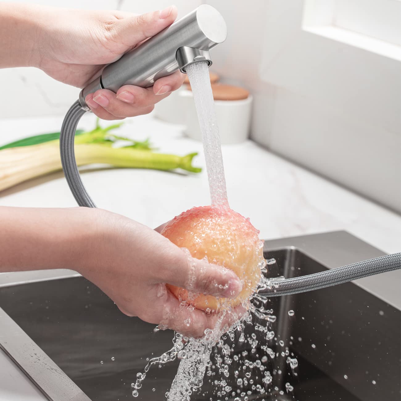 ONCE Kitchen Faucet Pull-Out Sink Mixer Tap in Brushed Stainless Steel, Kitchen Faucet with 150° Swivel, High Pressure Sink Mixer for Kitchen, Matte