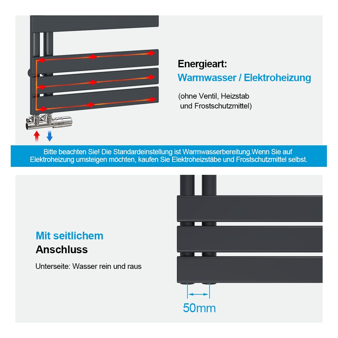 Heilmetz flat design bathroom radiator towel warmer with side connection 400x1176mm in anthracite color, 518W.