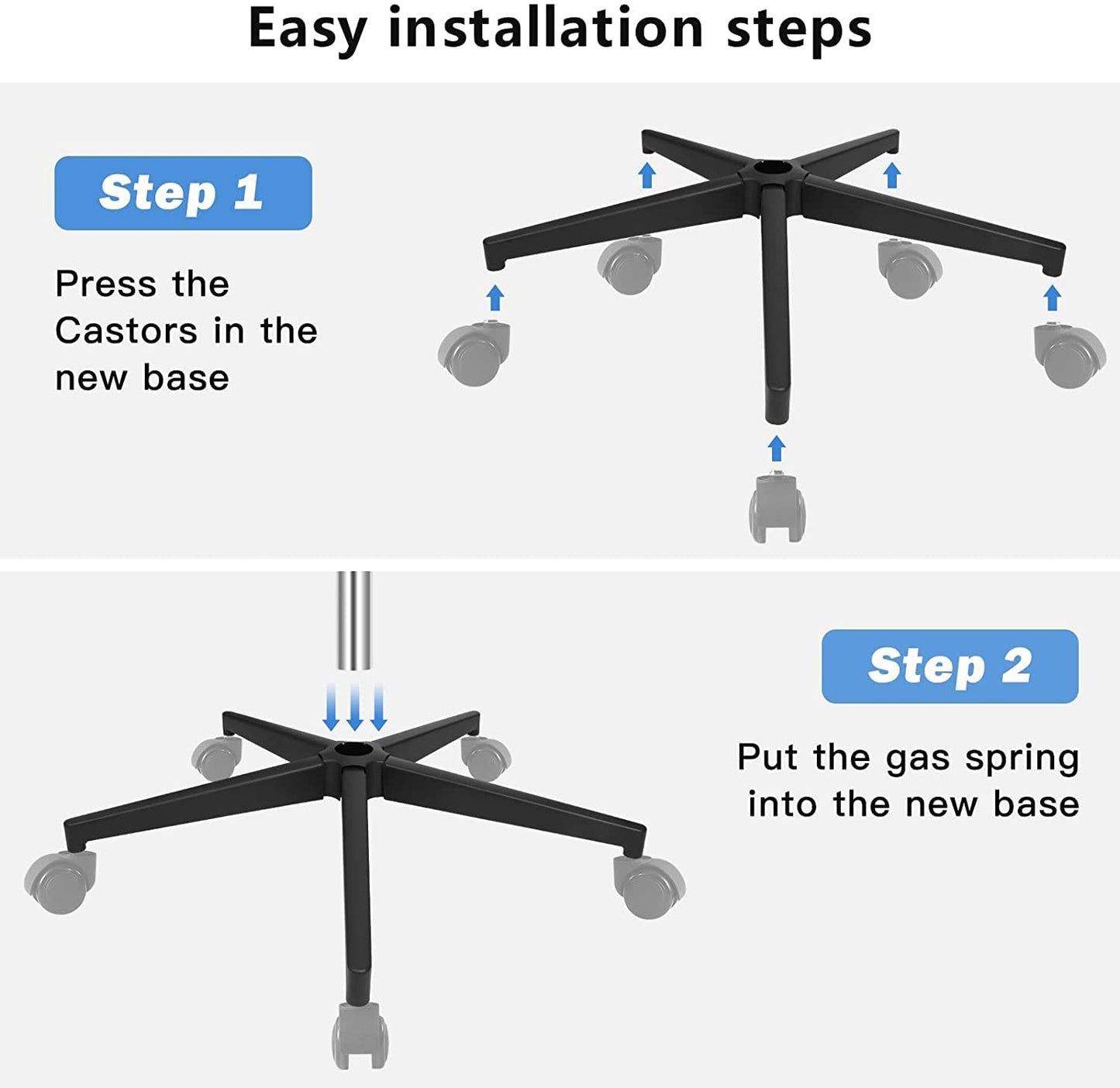Office chair base, 5-star base with support, black pentagonal metal frame, swivel chair base, suitable for 11mm x 22mm casters, 50mm gas spring.