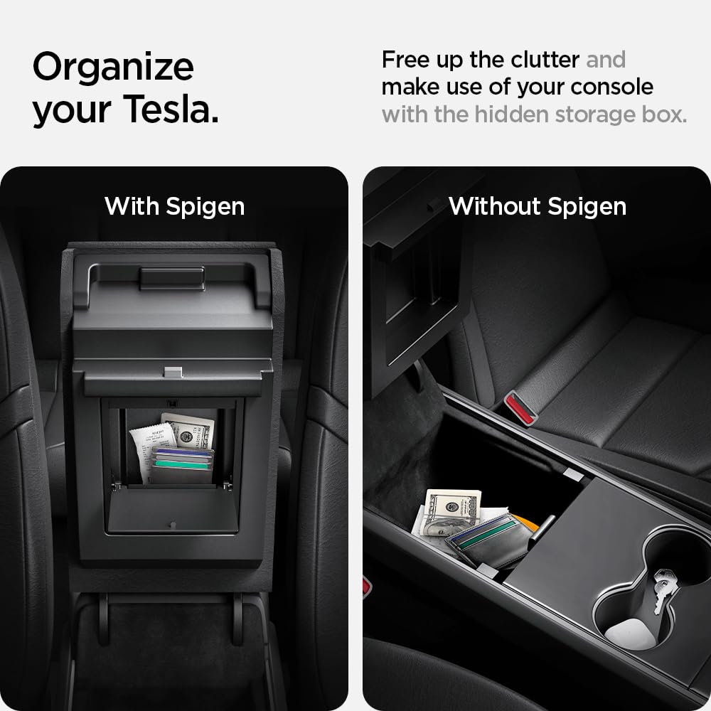 Spigen Tesla Model Y (~2024) and Model 3 (2021-2023) One-Touch Hidden Storage Box (Carbon Edition) Designed for Tesla Model Y and 3 center console organizer armrest.