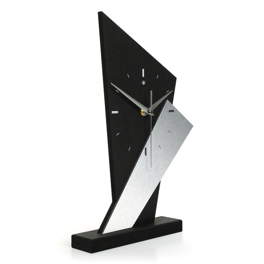 Creative Feather Designer Table Clock "Square" made of wood - Black desk clock in a modern metallic look without ticking (quiet radio clock movement)
