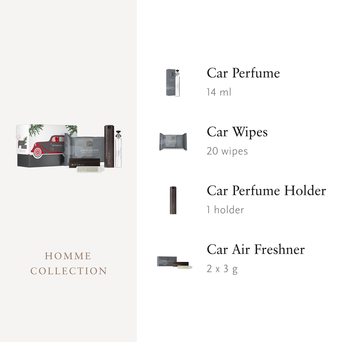 RITUALS The Ritual of Homme Car Perfume Gift Set - Includes a car perfume, a pack of car wipes, and a reusable wooden holder with 2 refillable air fresheners.