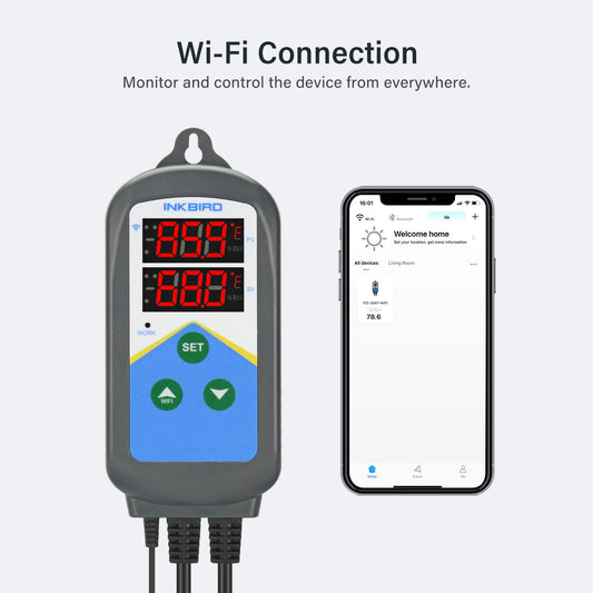 Inkbird WiFi Thermostat, dual time cycles, alarm function, two outlets (heating only).