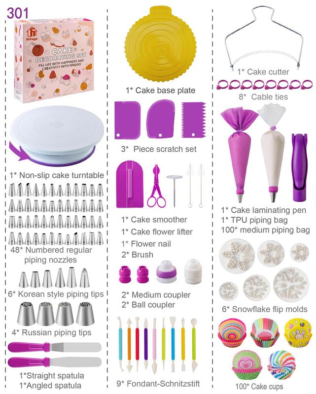 Nifogo Cake Decorating Set 301 Pieces, Rotating Cake Stand, Piping Bag with Tips, Piping Nozzle Set, Baking Accessories, Cake Decorating Supplies for Beginners