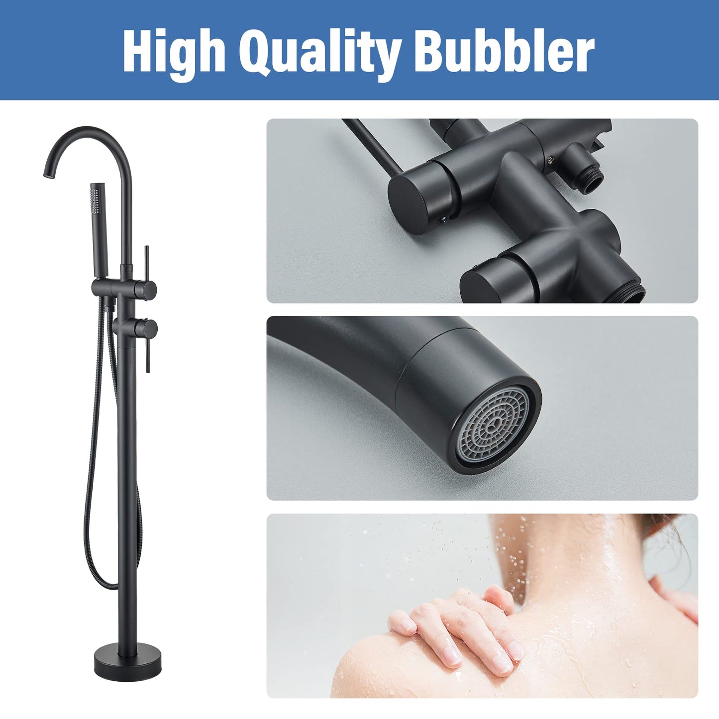 Rozin Freestanding Tub Faucet Black Bathroom Faucet with Hand Shower Floor Mount Bathtub Faucet 2 Handles 360° Rotate Shower Faucets for Tub
