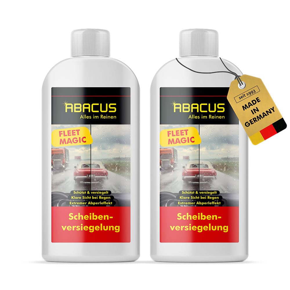 ABACUS® Fleet Magic® glass sealant for cars ensures clear visibility with its rain-repellent Lotus Effect. This nanocoating for glass offers protection against water and dirt, allowing for a crystal-clear view. Available in a pack of 2X 250 ml (7101).