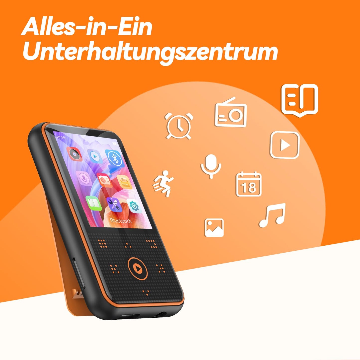 AGPTEK 64GB MP3 player with sport clip, Bluetooth 5.3 player with 1.8-inch TFT color screen, mini music player with touch buttons, FM radio, pedometer, supports up to 128GB SD card, orange