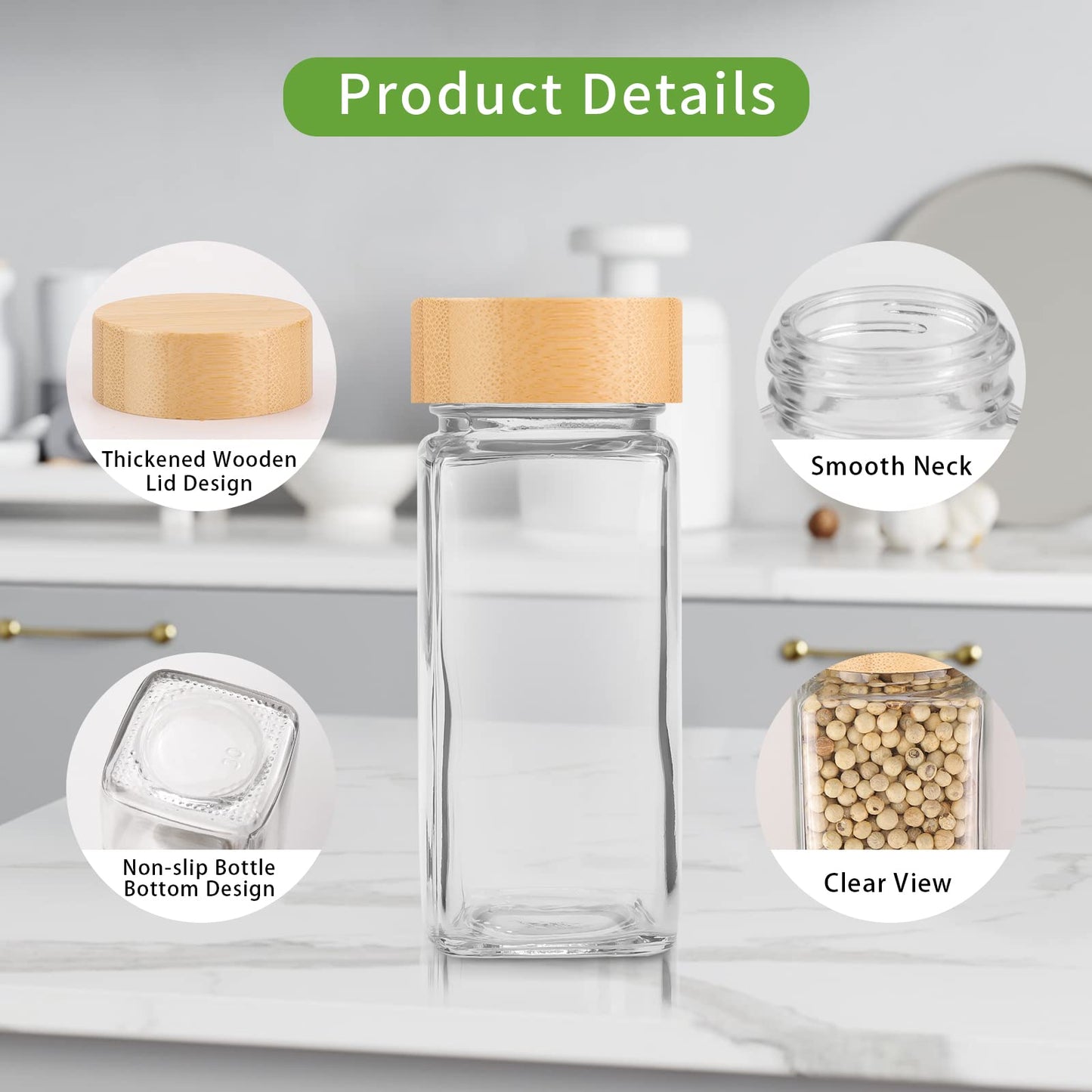 Withosent 12-Piece Set Spice Jars Square with Screw Cap, 120ml Spice Jars with Wooden Lid, Spice Shaker Glass Spice Container, Spice Storage with Sprinkle Insert, Labels, Funnel, Brush