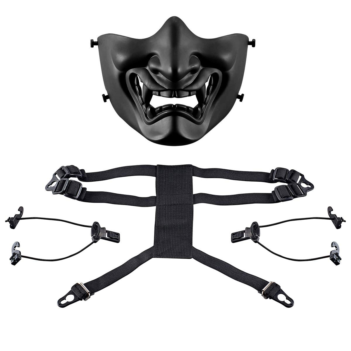 AOUTACC Airsoft Half Face Masks, Evil Demon Monster Kabuki Samurai Hannya Oni Half Face Protective Masks Masquerade Ball, Party, Halloween, Cs War Game (Adjustable Strap Black)