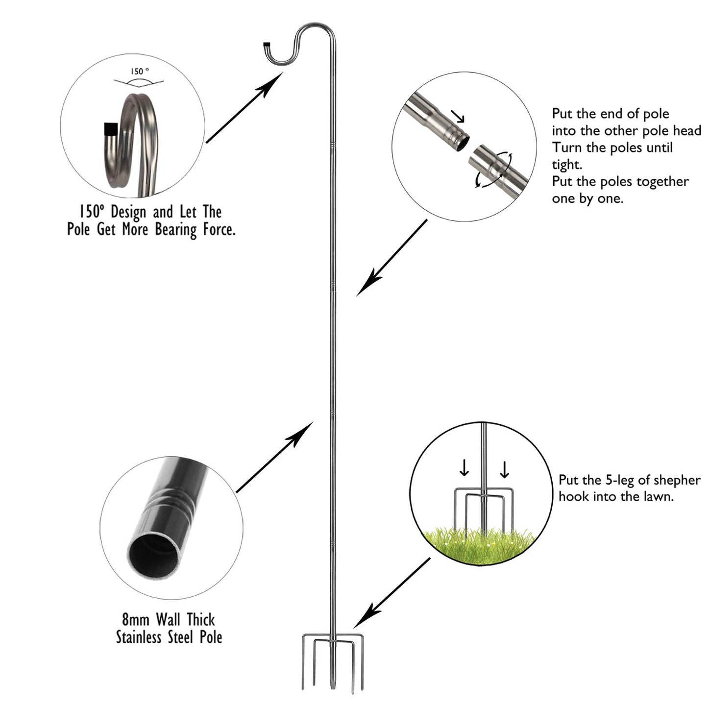 HOME RIGHT Bird Feeder Station, 30 to 94 inches, adjustable shepherd's hook, durable, 5 prongs, metal hook, garden plant hanger for wedding decoration (1 piece)