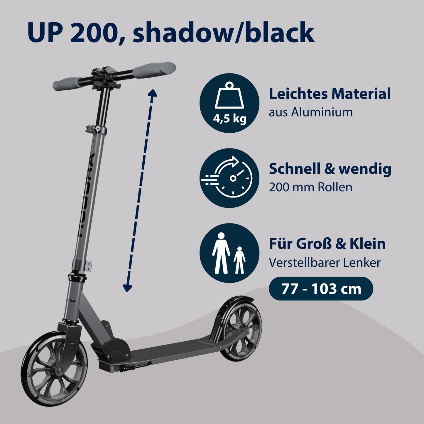 HUDORA Scooter Up 200 - Quiet aluminum scooter for up to 100kg - Height-adjustable & foldable kick scooter - Smooth ride for kids / teenagers & adults