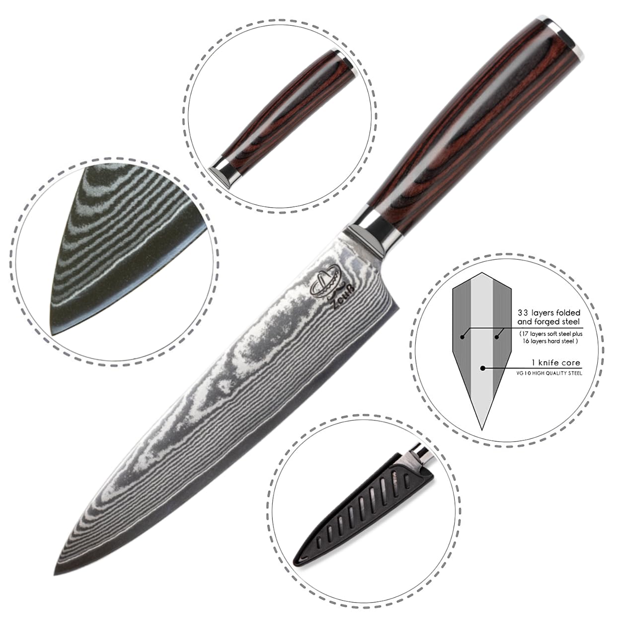ZEUS Damascus Knife Kitchen Knife XL (32cm) Professional chef's knife made of genuine 67 layers of Damascus steel I Damascus kitchen knife and chef's knife with sharpening stone, wooden handle, blade cover, and gift box