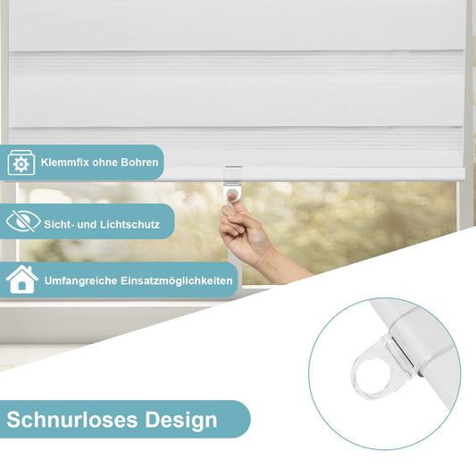 WOLTU Double Roller Blind Cordless Clamp Fix without Drilling White W100 x H120 cm, Duo Roller Blind translucent Window Blind for indoor darkening, Zebra Blind without chain for Window & Door