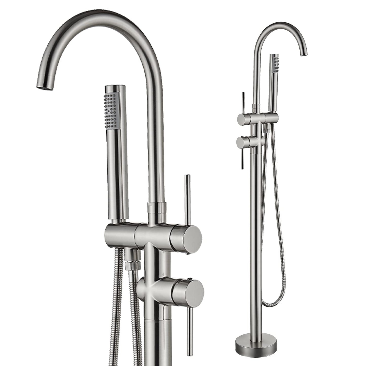 Rozin Freestanding Bathtub Faucet Brushed Nickel Brass Two Handles 360° Rotatable Spout with Hand Shower 150cm Hose Bathroom Tub Faucets