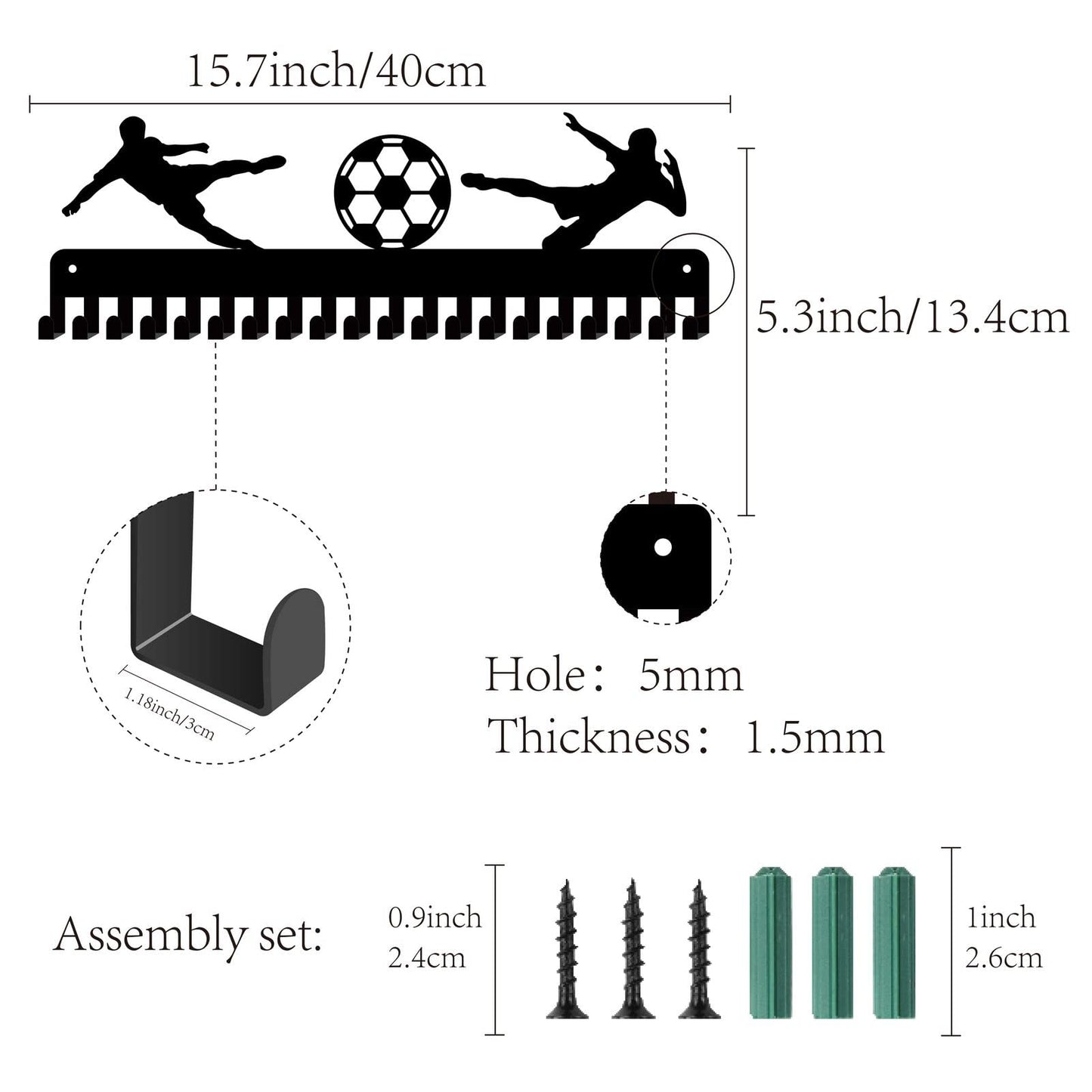CREATCABIN Football Medal Holder, Hanger, Sport Metal Wall Mount With 20 Hooks For Hanging 60 Medals, Runner, Home Badges, Running, Marathon, Gymnastics, Black, 40 x 13.4cm