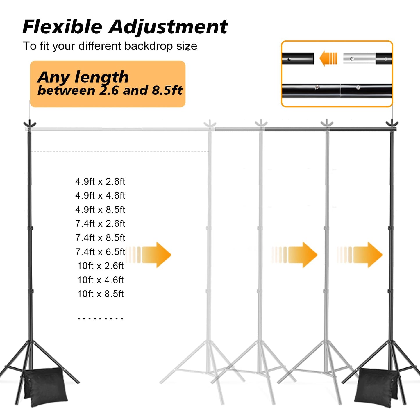 2.6x3m Photo Studio Background System Adjustable Photo Background Stand Set for Photography Party with 1 Carrying Bag, Support System Stand for Photos, Videos, Studio, 6 Spring Clamps, 2 Sandbags