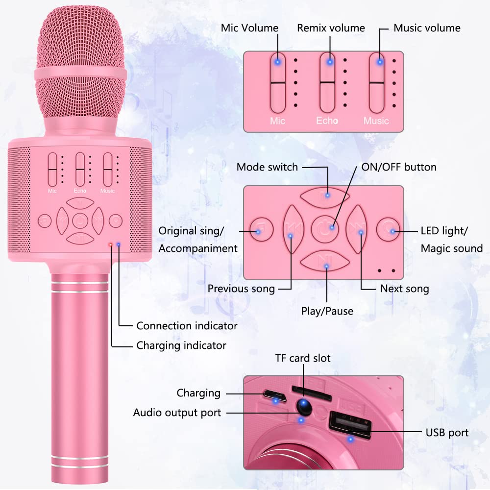 Magic Sing LED Karaoke Microphone for Kids, Wireless Bluetooth Toy for 3-12 Year Old Girls, KTV Speaker with Voice Changer, Home KTV Karaoke Machine for Android, iOS, PC (KP06-Pink)