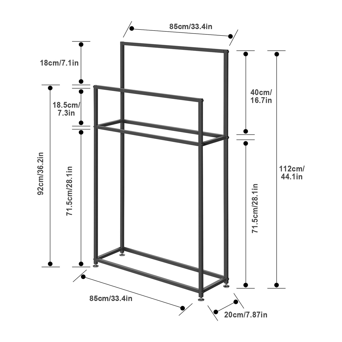 WING freestanding towel stand made of metal, standing towel holder for bathroom in black, standing bath towel stand with 3 towel bars, bathroom accessory and valet stand, 85×20×110cm (L×W×H)
