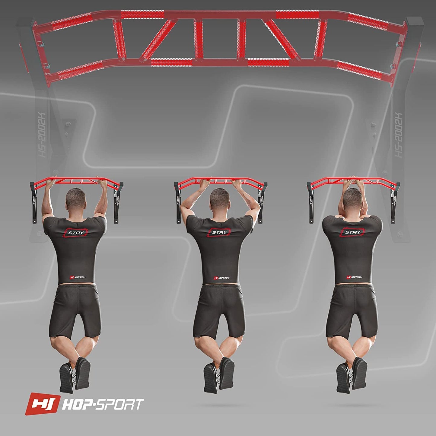 Hop-Sport Multigrip Pull Up Bar for Wall HS-2002K - Professional Fitness Equipment for Home with multiple grip variations.