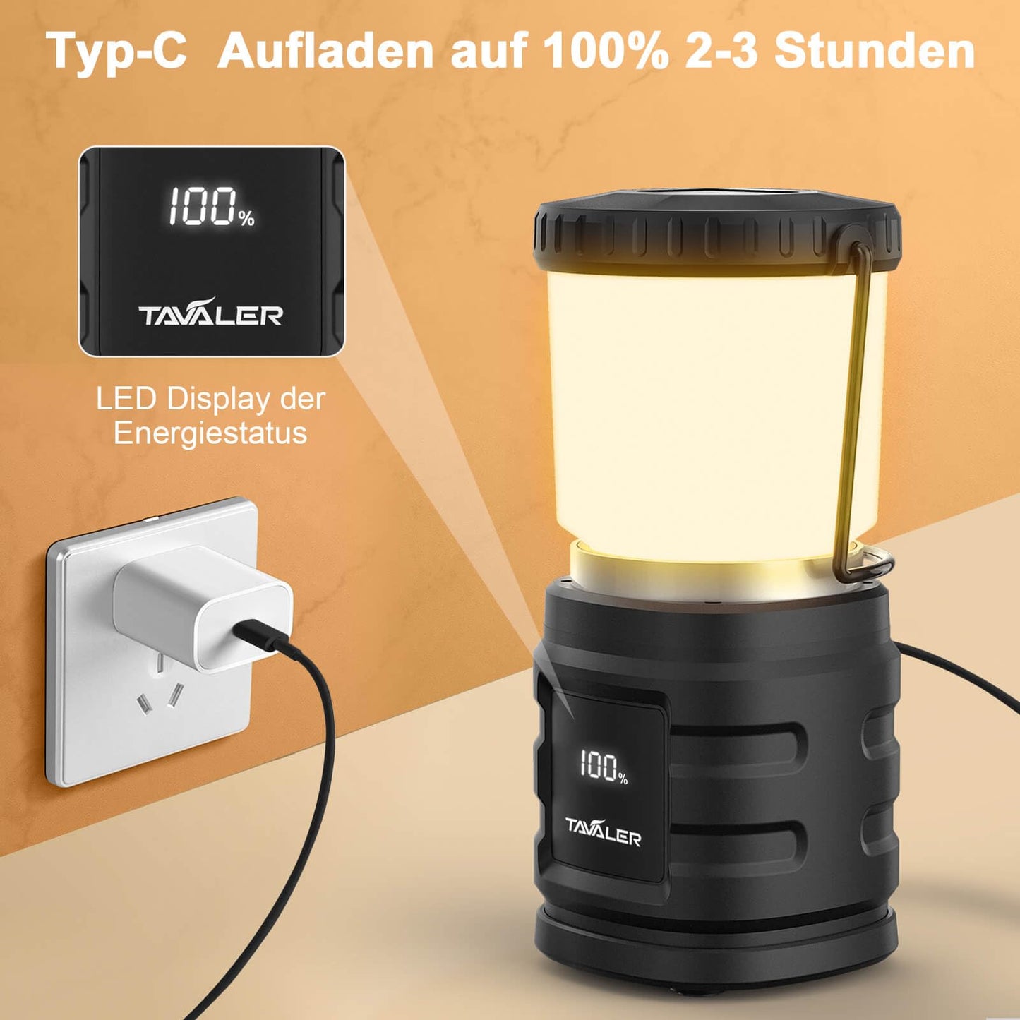 Tavaler Camping Lantern 4400mAh Battery USB C Rechargeable Camping Lamp with LED Battery Display Screen Camping Light IP65 Waterproof Camp Light for Hiking Outdoor, Emergency, Power Bank.