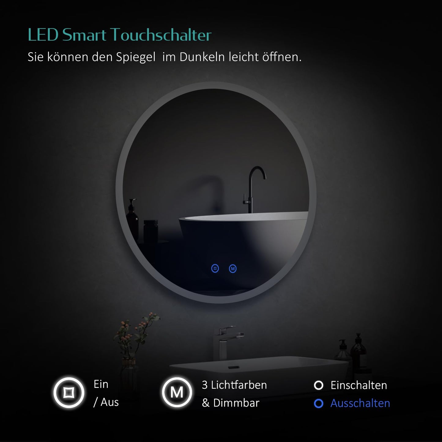 EMKE round 50cm bathroom mirror with lighting, touch switch, 3 dimmable light colors, anti-fog, memory function.