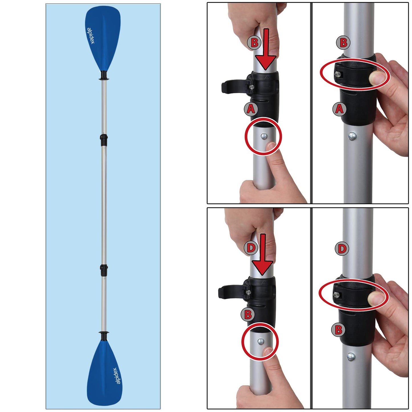 ALPIDEX 2 in 1 Paddle SUP Kayak Adjustable Lightweight Double Paddle Telescopic Paddle 160-207cm Aluminum Stand Up Paddle Board Kayaking, Color: light blue