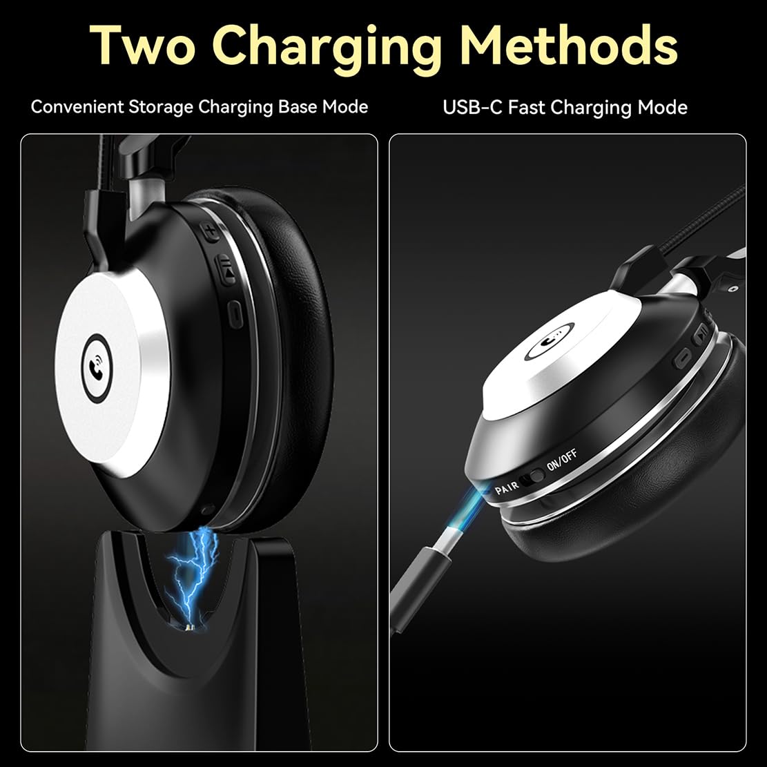 Bluetooth headset, wireless headset with microphone for PC, V5.2 computer headset with noise-canceling microphone, USB dongle, charging station, and mute button for work, mobile phones, computer.