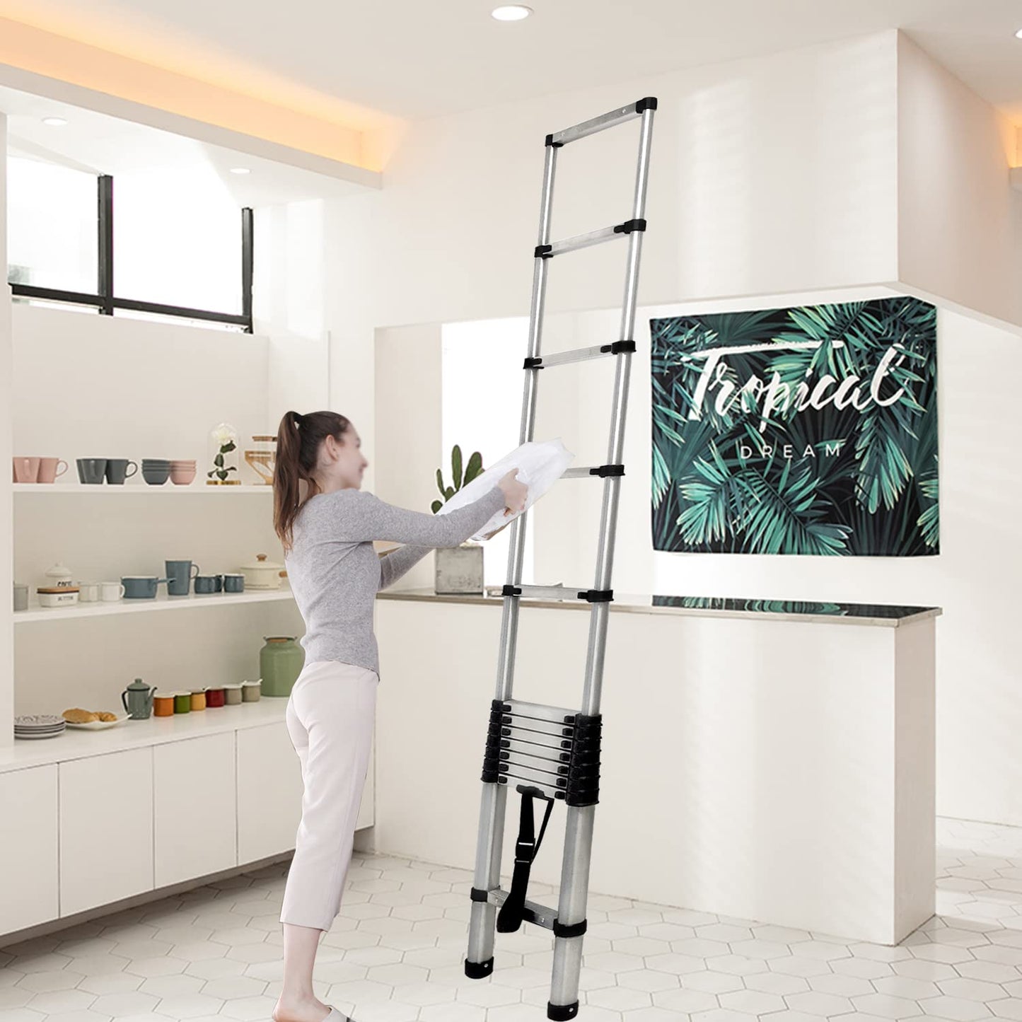 3.8M Telescoping Stainless Steel Ladder Folding Extension Ladder Step Ladder Non-slip, Telescopic design, made of high quality stainless steel, Portable, Lightweight, 150kg load capacity