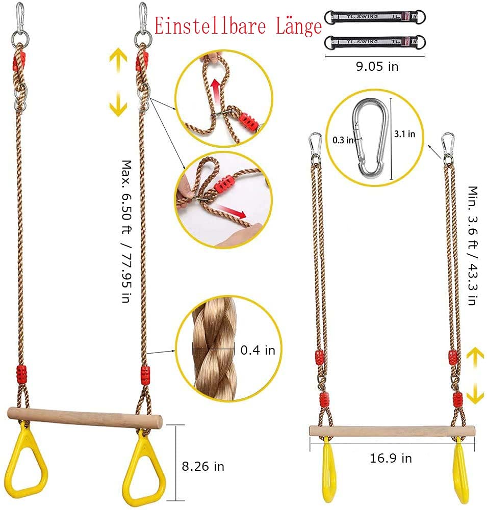 Morwealth Multifunctional Kids Wooden Trapeze Swing with Plastic Rings Gymnastic Rings for Hanging Supports up to 120KG for Indoor and Outdoor Use (Yellow)