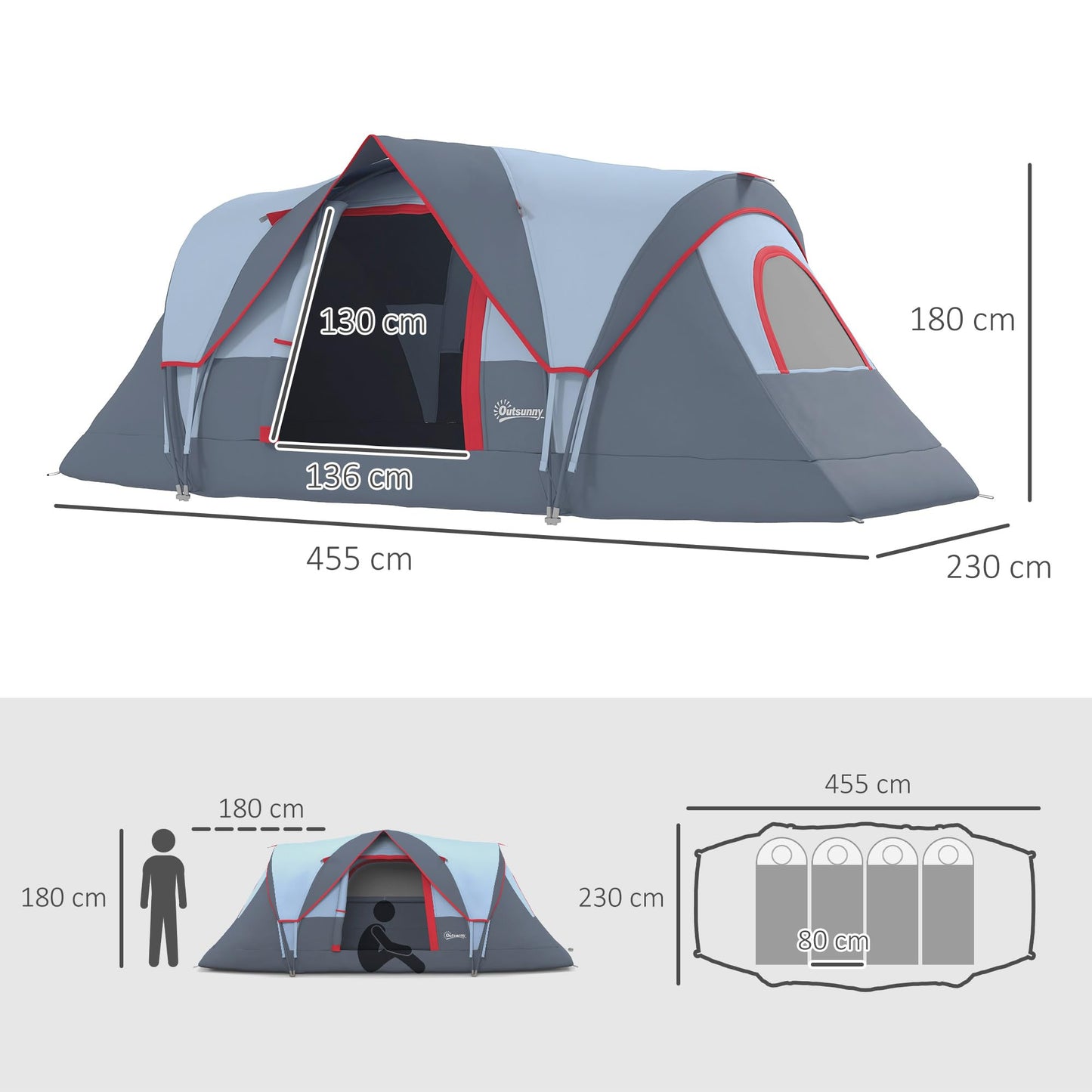 Outsunny camping tent for 5-6 people, sturdy and waterproof. Family tent with entrance, window, and carrying bag. 3000mm water column tunnel tent for camping, travel, and garden. Light grey.