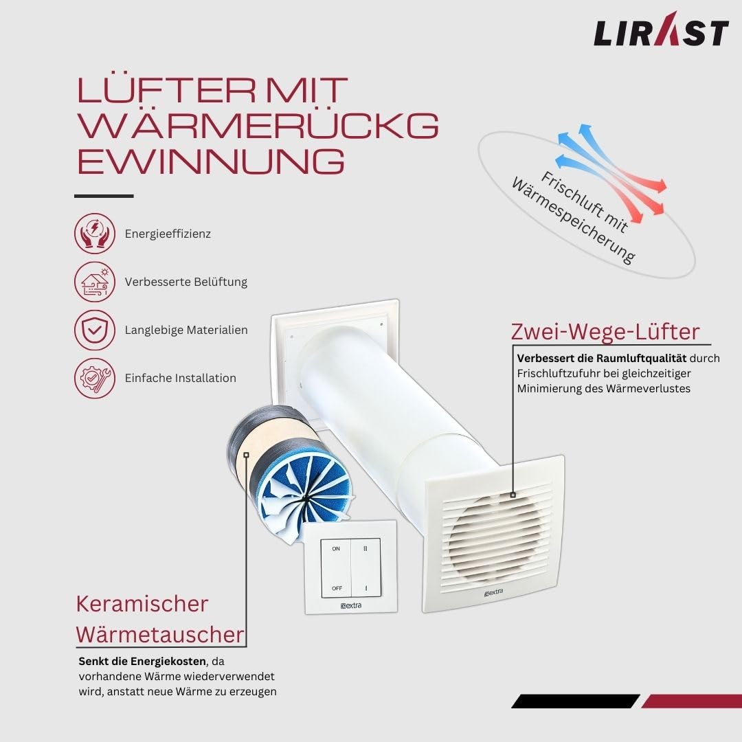 LIRAST 125mm Decentralized Ventilation System with Heat Recovery - Wall Fan with Switch - Ventilation with Heat Recovery - Recuperator with Ceramic Heat Exchanger - Air Exchanger Residential Ventilation