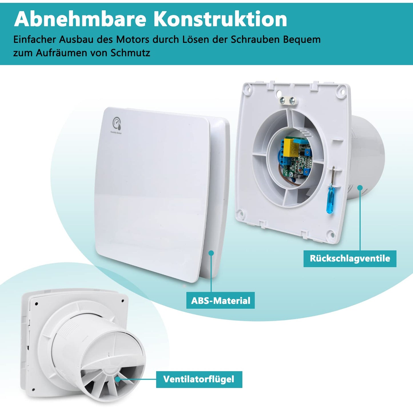 Gimisgu Bathroom Exhaust Fan with Moisture Sensor. Quiet 100mm exhaust fan with timer and backdraft damper. Wall-mounted fan for kitchen, WC, and bathroom. White color.