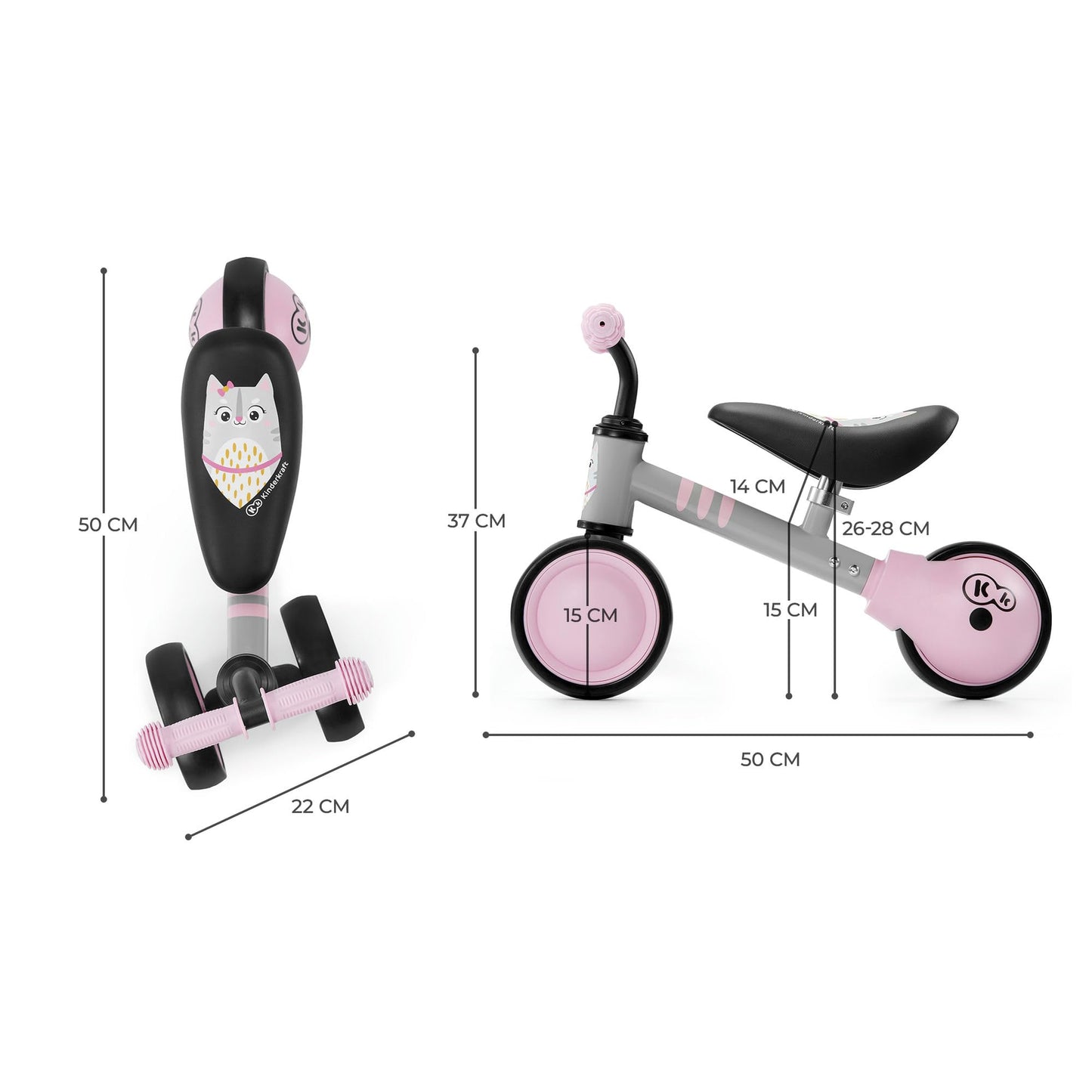 Children's balance bike CUTIE, learning bike, metal construction, modern design, safe construction, for children aged 1 year and up, pink color.