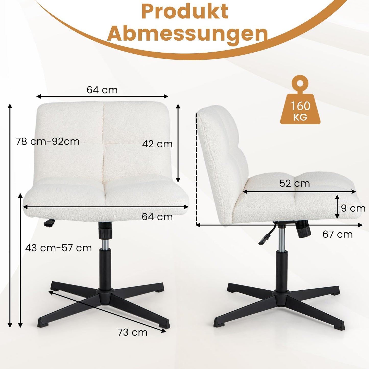 COSTWAY Tailor's Seat Chair, Swivel Chair without Armrests, Desk Chair with Wide Seat, Office Chair with Cross Base, Makeup Chair, Height Adjustable, Rocking Function, Modern (Beige)